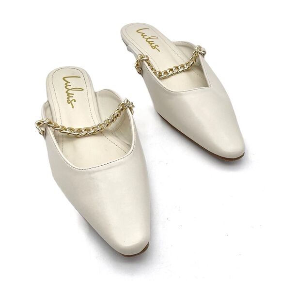 Lulus Lavareta White Chain Pointed-Toe Loafer Slides Cream Off-White Size 7.5 - Picture 16 of 16